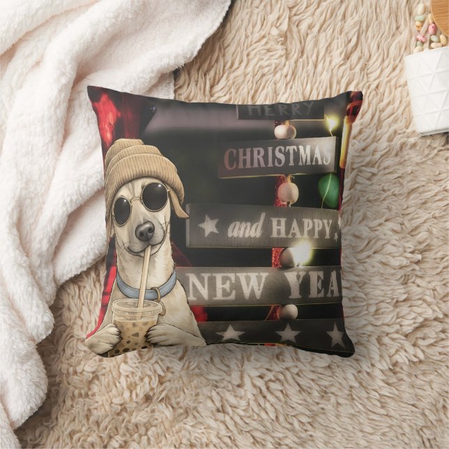 Funny Christmas Dog Drinking Bubble Tea Cushion (Blanket)