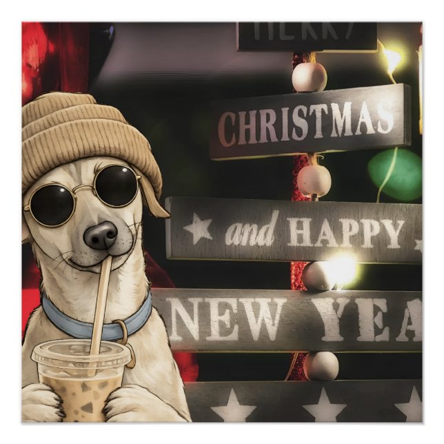 Funny Christmas Dog Drinking Bubble Tea Poster (Front)
