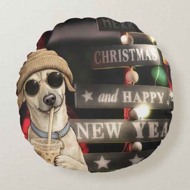 Funny Christmas Dog Drinking Bubble Tea Round Cushion (Front)