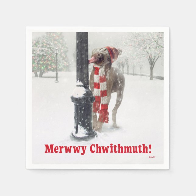 Funny Christmas Dog Licks Pole Napkin (Front)