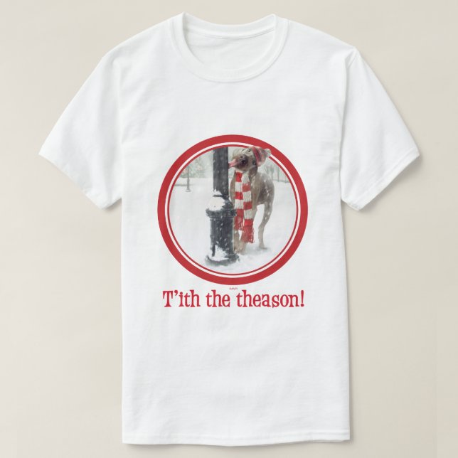 Funny Christmas Dog Licks Pole T-Shirt (Design Front)