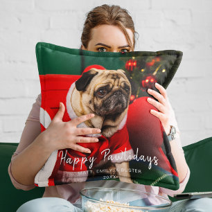 Funny Christmas Dog Puppy Photo Happy Pawlidays  Cushion