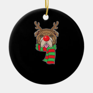 Funny Christmas Dog Xmas Reindeer Bulldog Holiday  Ceramic Ornament