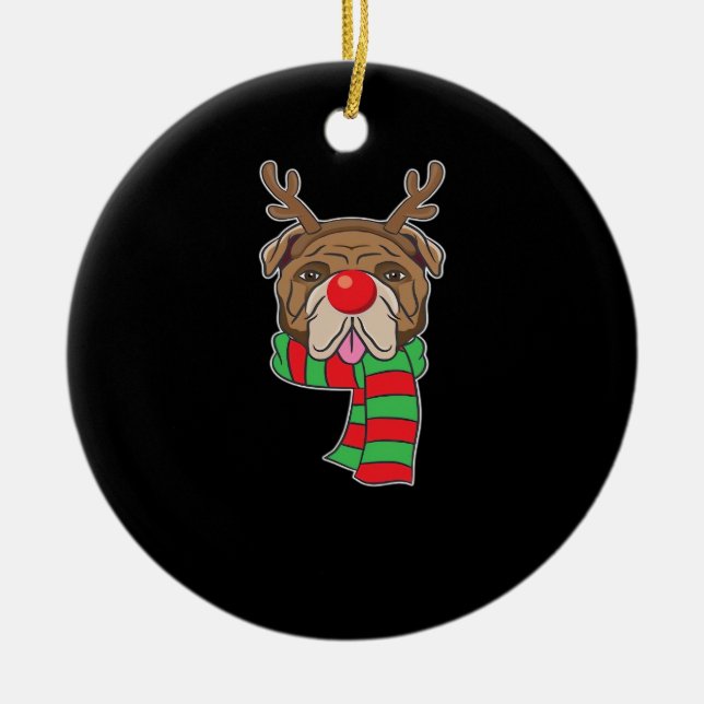 Funny Christmas Dog Xmas Reindeer Bulldog Holiday  Ceramic Ornament (Front)