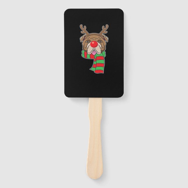 Funny Christmas Dog Xmas Reindeer Bulldog Holiday  Hand Fan (Front)