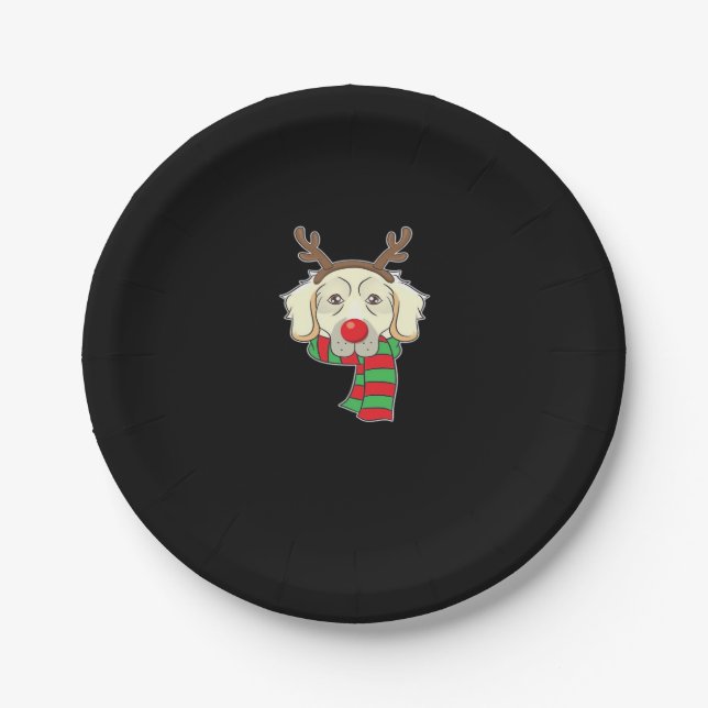 Funny Christmas Dog Xmas Reindeer Golden Retriever Paper Plate (Front)