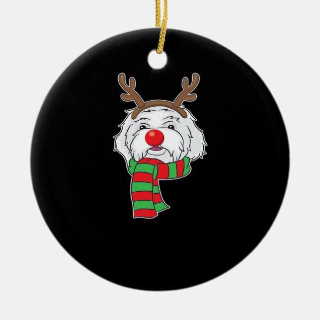 Funny Christmas Dog Xmas Reindeer Maltese Dog Holi Ceramic Ornament (Front)