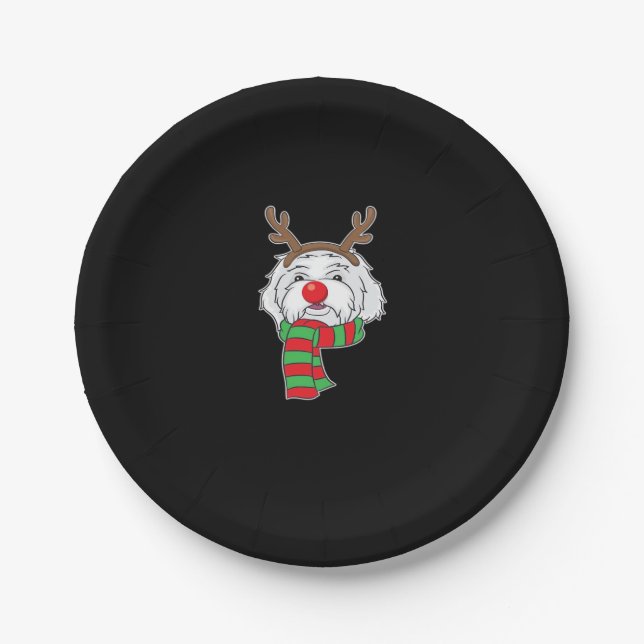 Funny Christmas Dog Xmas Reindeer Maltese Dog Holi Paper Plate (Front)
