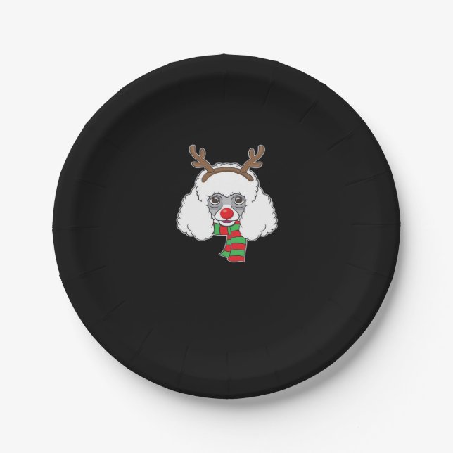 Funny Christmas Dog Xmas Reindeer Poodle Holiday S Paper Plate (Front)
