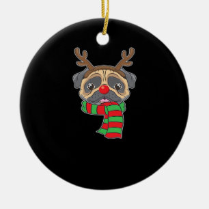 Funny Christmas Dog Xmas Reindeer Pug Holiday Gift Ceramic Ornament