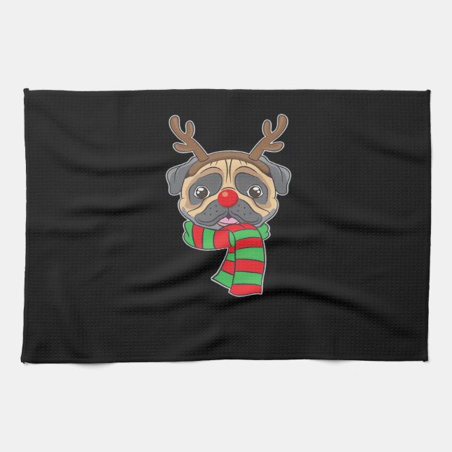 Funny Christmas Dog Xmas Reindeer Pug Holiday Gift Tea Towel (Horizontal)
