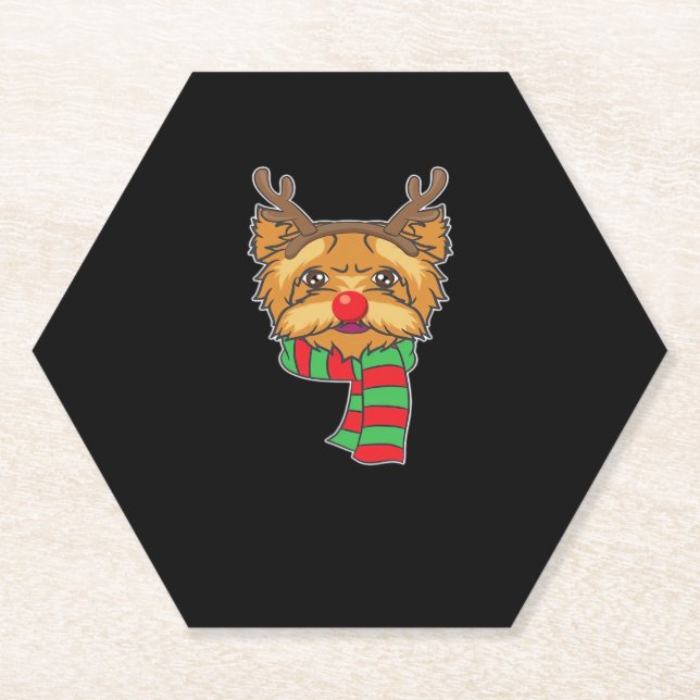 Funny Christmas Dog Xmas Reindeer Yorkshire Holida Paper Coaster (Front)