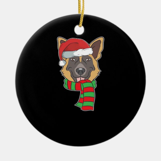 Funny Christmas Dog Xmas Santa German Shepherd Hol Ceramic Ornament (Front)