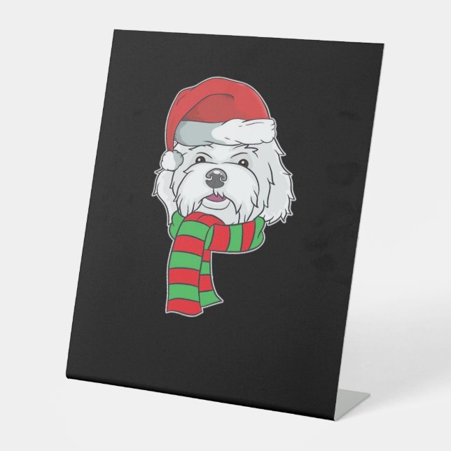 Funny Christmas Dog Xmas Santa Maltese Dog Holiday Pedestal Sign (Front)