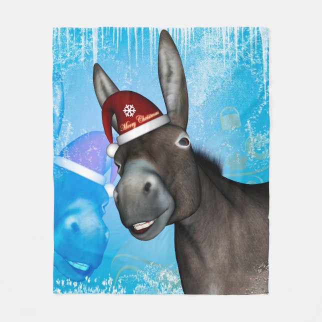 Funny christmas donkey with christmas hat fleece blanket (Front)