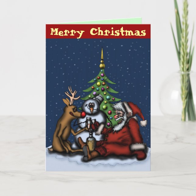 Funny Christmas drinking party cartoon art card (Front)
