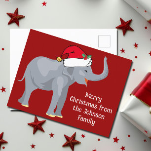 Funny Christmas Elephant in Cute Red Santa Hat Postcard
