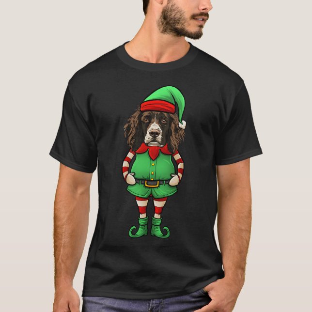Funny Christmas Elf English Springer Spaniel Dog  T-Shirt (Front)