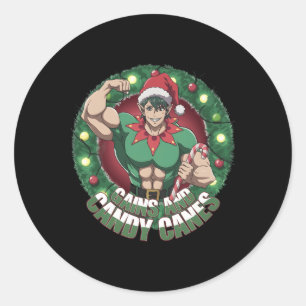 Funny Christmas Elf Gym Workout Gains And Candy Ca Classic Round Sticker