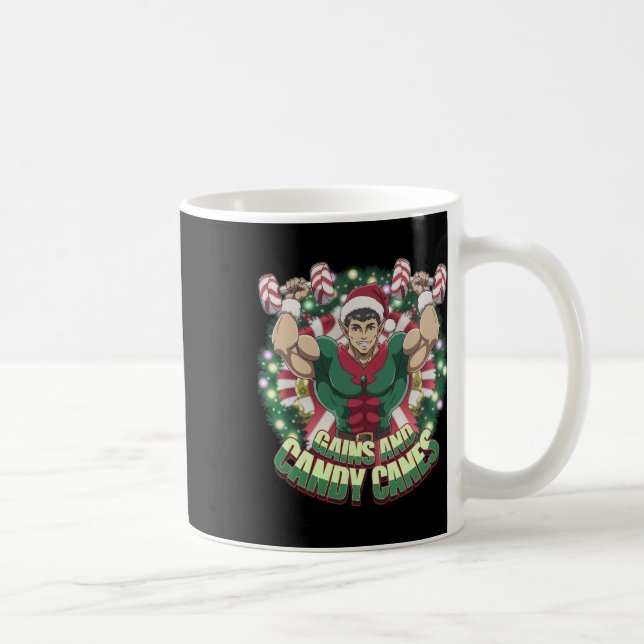 Funny Christmas Elf Gym Workout Gains And Candy Ca Coffee Mug (Right)