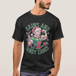 Funny Christmas Elf Gym Workout Gains and Candy Ca T-Shirt
