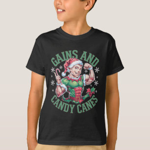 Funny Christmas Elf Gym Workout Gains And Candy Ca T-Shirt