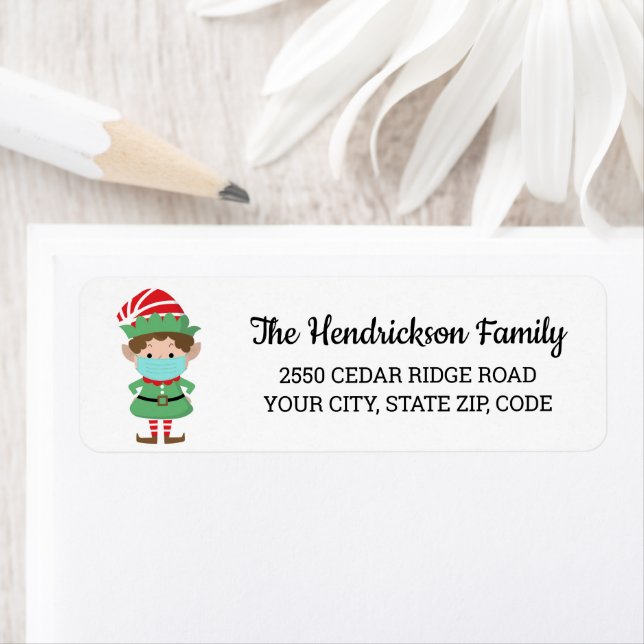 Funny Christmas Elf  Wearing FaceMask Custom Return Address Label (Insitu)