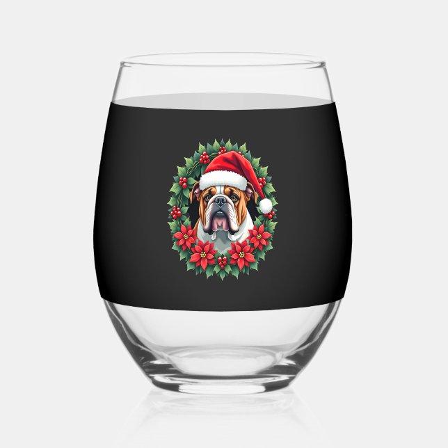 Funny Christmas English Bulldog Tank Top Stemless Wine Glass (Front)