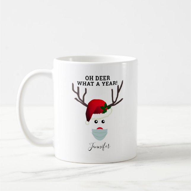 Funny Christmas Face Mask Reindeer Personalised Coffee Mug (Left)