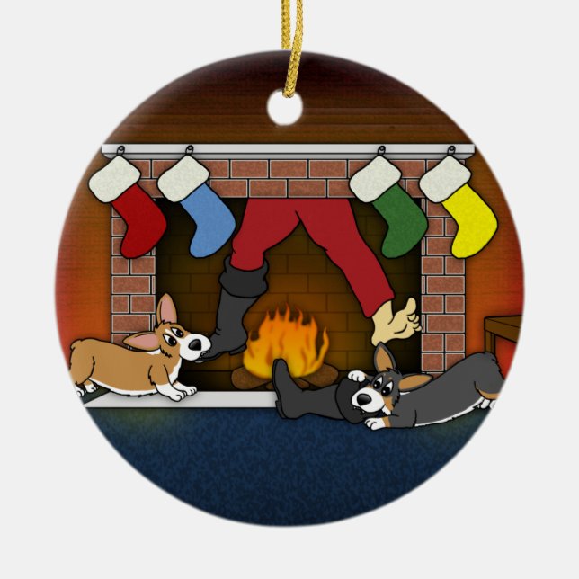 Funny Christmas Fireplace Corgis Ornament (Front)