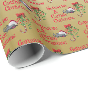 Funny Christmas Fishing ♫♥  Catfish Christmas Gold Wrapping Paper