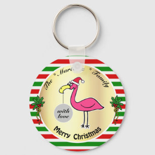 Funny Christmas Flamingo Cartoon Red Green Stripes Key Ring