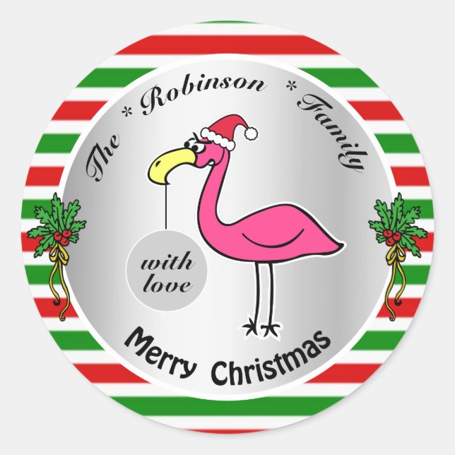 Funny Christmas Flamingo Red and Green Cute Humour Classic Round Sticker (Front)