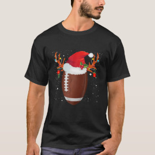 Funny Christmas Football Reindeer Santa Hat Holida T-Shirt