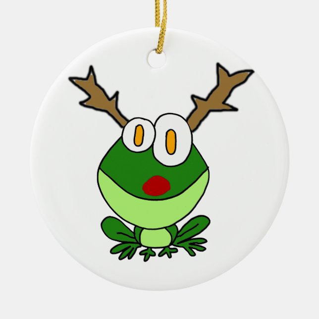 Funny Christmas Frog as Reindeer Ceramic Ornament (Front)