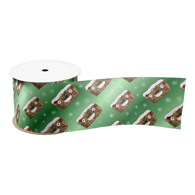 Funny Christmas Fruitcake Pattern Green Satin Ribbon (Spool)