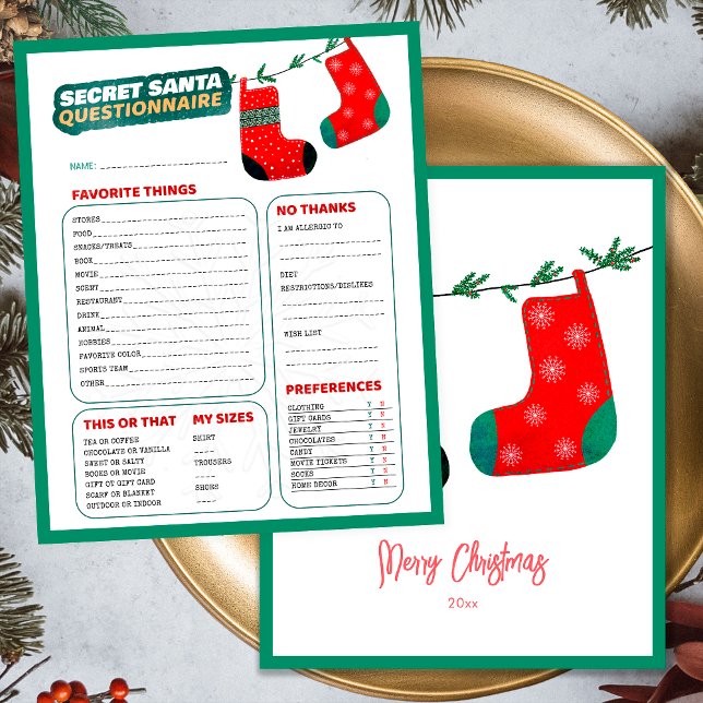 Funny Christmas Game Secret Santa Questionnaire (Front and Back)