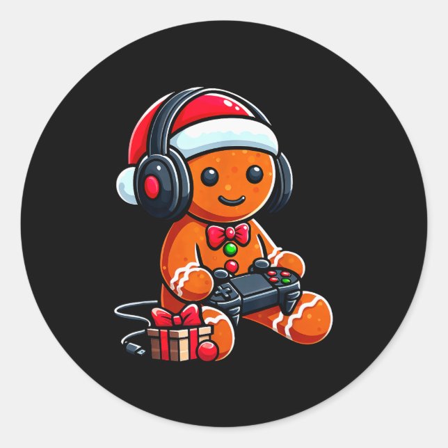 Funny Christmas Gamer Gingerbread Xmas Gaming Men  Classic Round Sticker (Front)