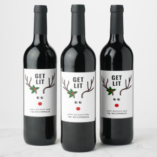 Funny Christmas Get Lit Red White Reindeer Wine Label