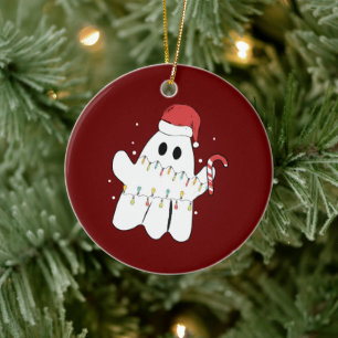 funny christmas ghost ,ghost with christmas Lamps Ceramic Ornament