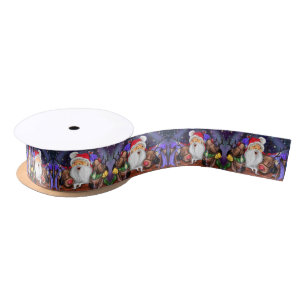 Funny Christmas Gift Ribbon Santa with Reindeers Satin Ribbon