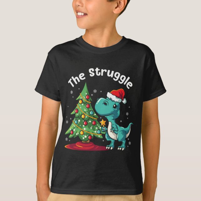 Funny Christmas Gift Struggling T Rex Xmas Tree Di T-Shirt (Front)
