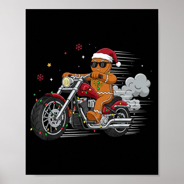 Funny Christmas Gingerbread Man Biker Riding A Mot Poster (Front)