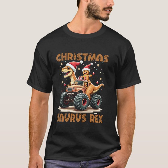 Funny Christmas Gingerbread Man Cookie Ridding Din T-Shirt (Front)