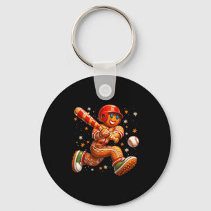 Funny Christmas Gingerbread Man Playing Baseball C Key Ring