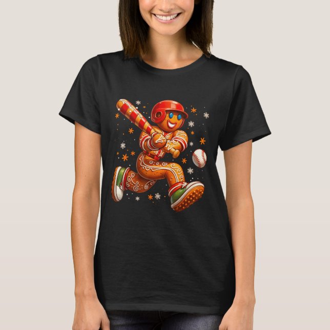 Funny Christmas Gingerbread Man Playing Baseball C T-Shirt (Front)