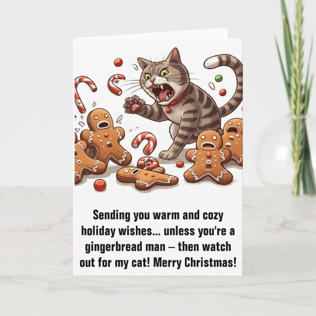 Funny Christmas: Gingerbread Men vs Cat Card (Front)