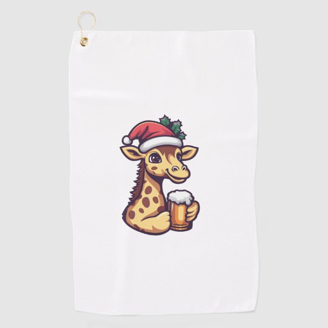 Funny Christmas Giraffe With Beer Comic   Golf Towel (Front)
