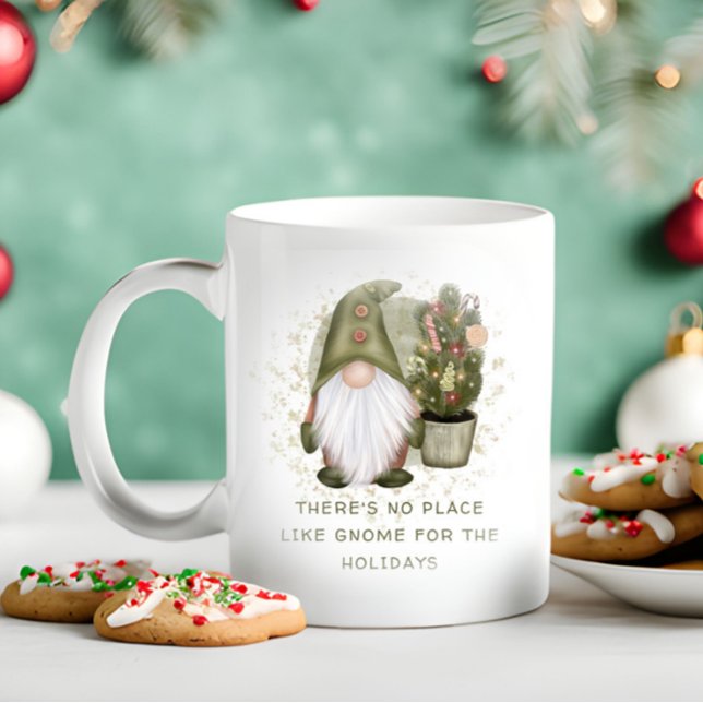 Funny Christmas Gnome Tree No Place Like Gnome Coffee Mug ("There's no place like gnome for the holidays" Christmas mug)