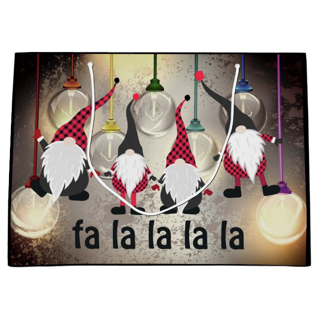 Funny Christmas Gnomes and Lights fa la la la la Large Gift Bag (Front)